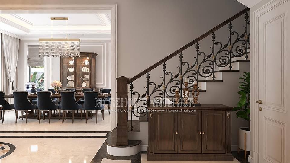 Cầu thang gỗ phên sắt, song sắt